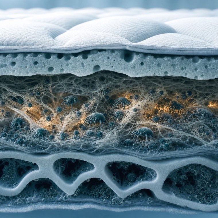 Mattress cross-section showing dust mites deep inside foam and fibers